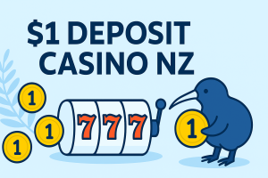 Kiwi bird mascot holding a $1 coin beside a slot machine with 777 – $1 Deposit Casino NZ banner