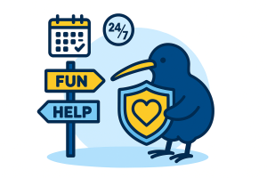 Vector illustration of a kiwi bird holding a shield with a heart, standing beside a signpost pointing to ‘Fun’ and ‘Help’. Designed in blue and yellow to highlight responsible gambling and support services in New Zealand.