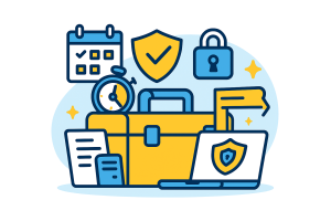 Vector illustration of a toolbox filled with icons for responsible gambling tools, including a calendar, timer, shield, padlock, ledger, and laptop security. Designed in blue and yellow for the Tools That Can Help You Stay in Control block.